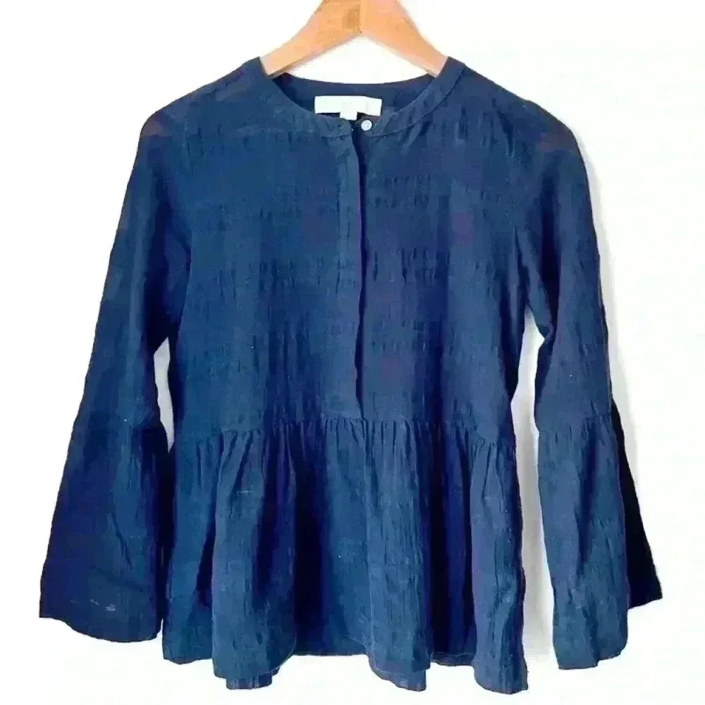 LOFT Baby Doll Navy Blue Boho Bohemian Sheer Bell Sleeves Blouse XXS Petite